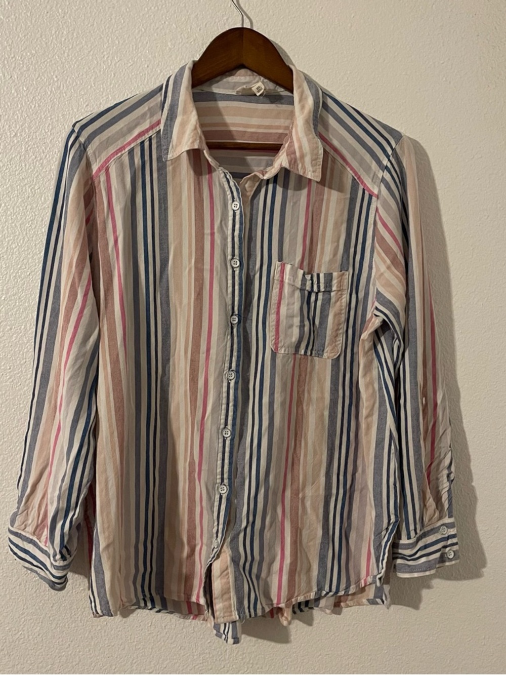 Perch by Blu Pepper Women’s Striped Button-Down Shirt in Blue, Pink & Beige 2XL